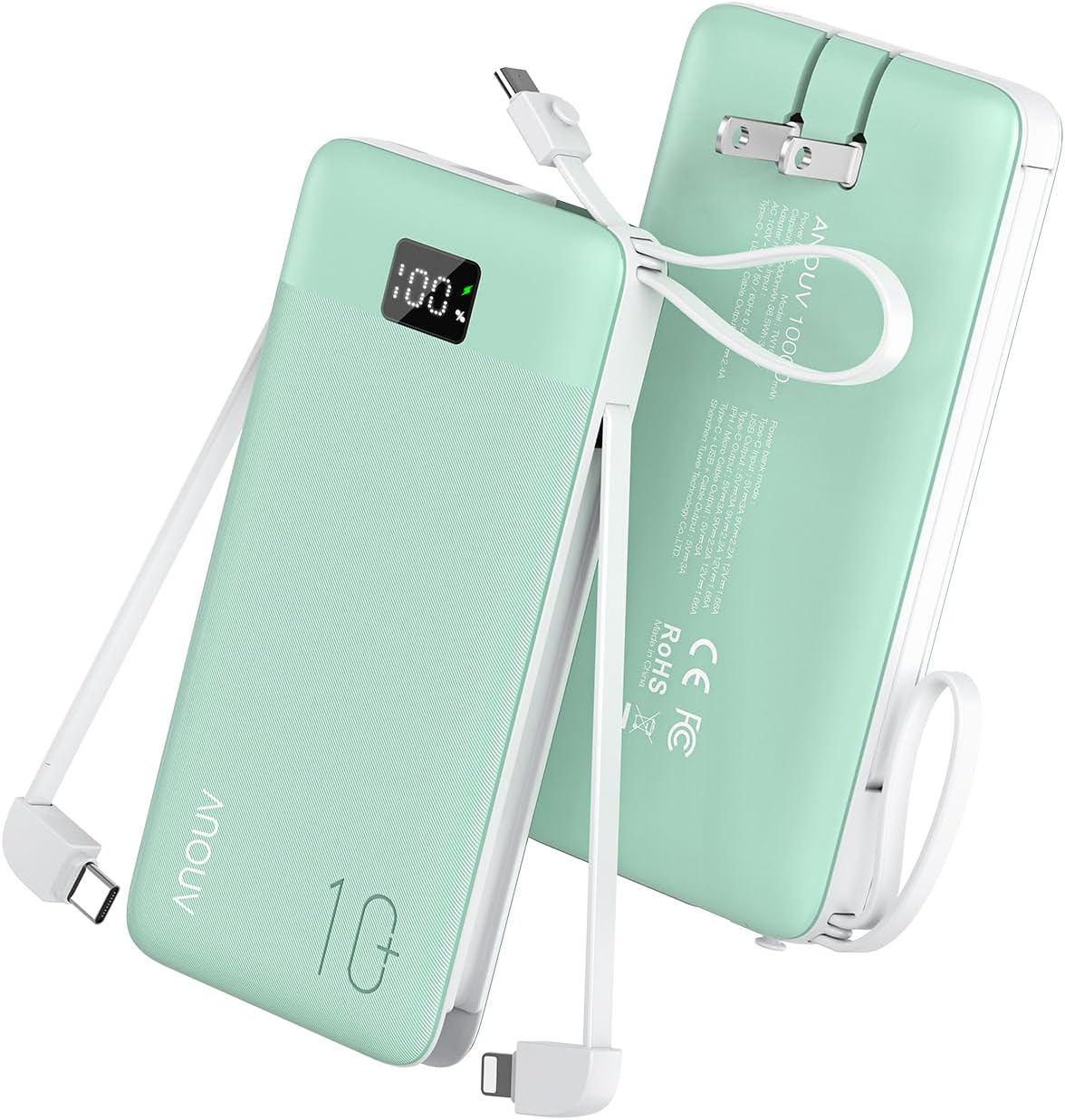Portable Charger 10000mAh 22.5W PD 3.0+QC 4.0 Super Fast Charging Power Bank with Built-in Cables & AC Wall Plug, Slim External USB C Battery Pack for iPhone 17/16/15/14/13, Android, Samsung, iPad,etc