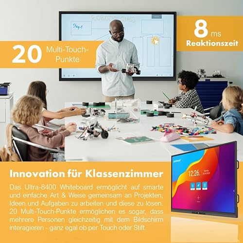 polyboard - Interaktives Whiteboard 65 Zoll (3840x2160 UHD) 2.4G WiFi - Digitales Smart-Board Klassenzimmer, Homeschooling, Präsentation & Meeting - All-in-One Flipchart Monitor mit Touch-Screen