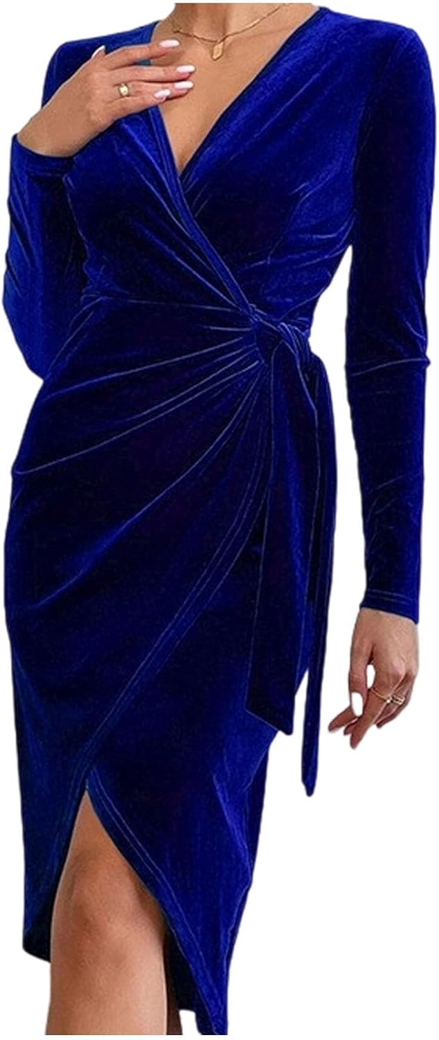 Lmdudan 2025 Women's V Neck Long Sleeve Ruched Dress Sexy Velvet Cocktail Party Dress Formal Evening Club Midi Dresses