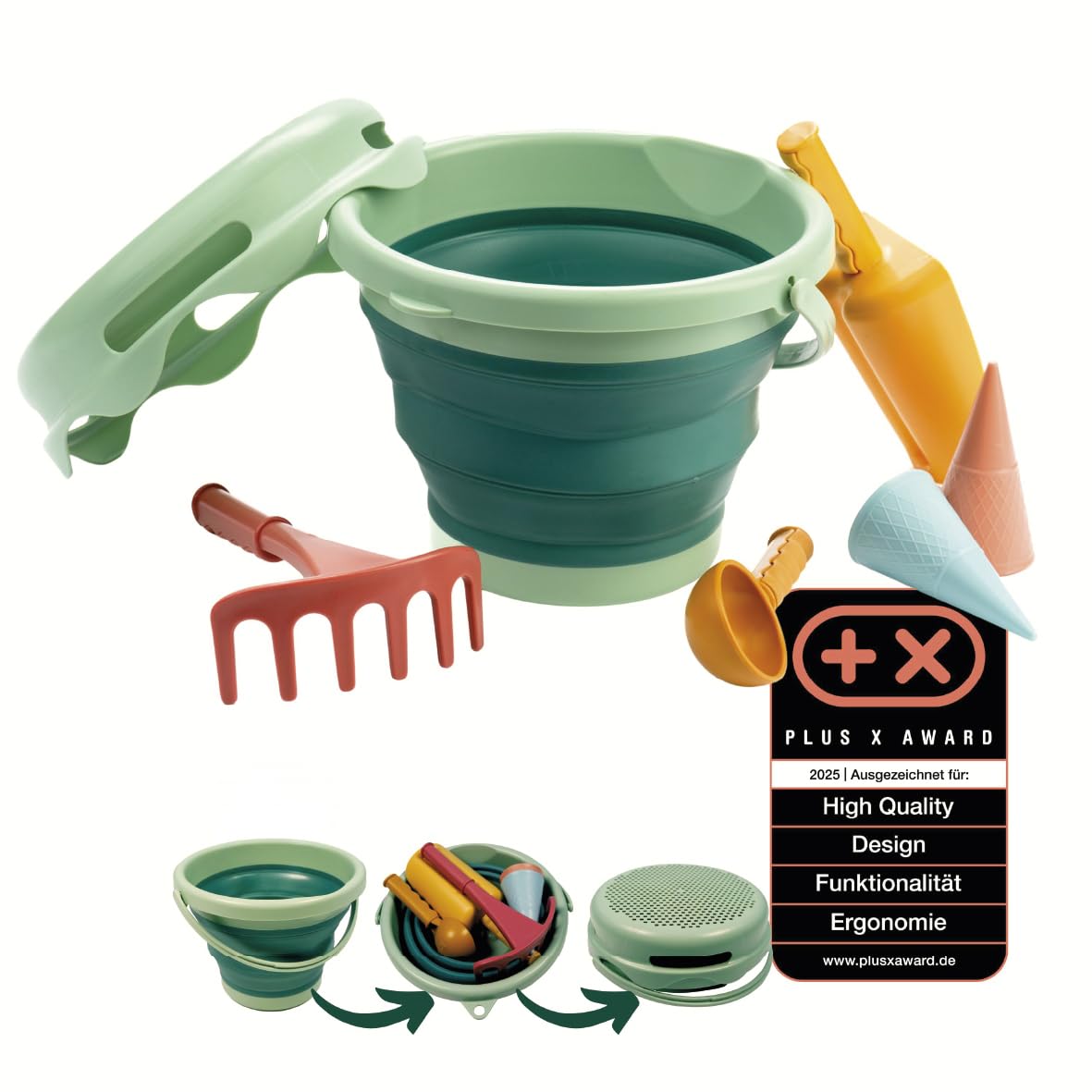 Schildkröt 7-in-1 Sand Toy Set with Foldable 3L Bucket | Sugarcane Plastic, BPA Free, Foldable, Easy to Clean, with Strainer, Scoop, Rake and Ice Molds-image-4