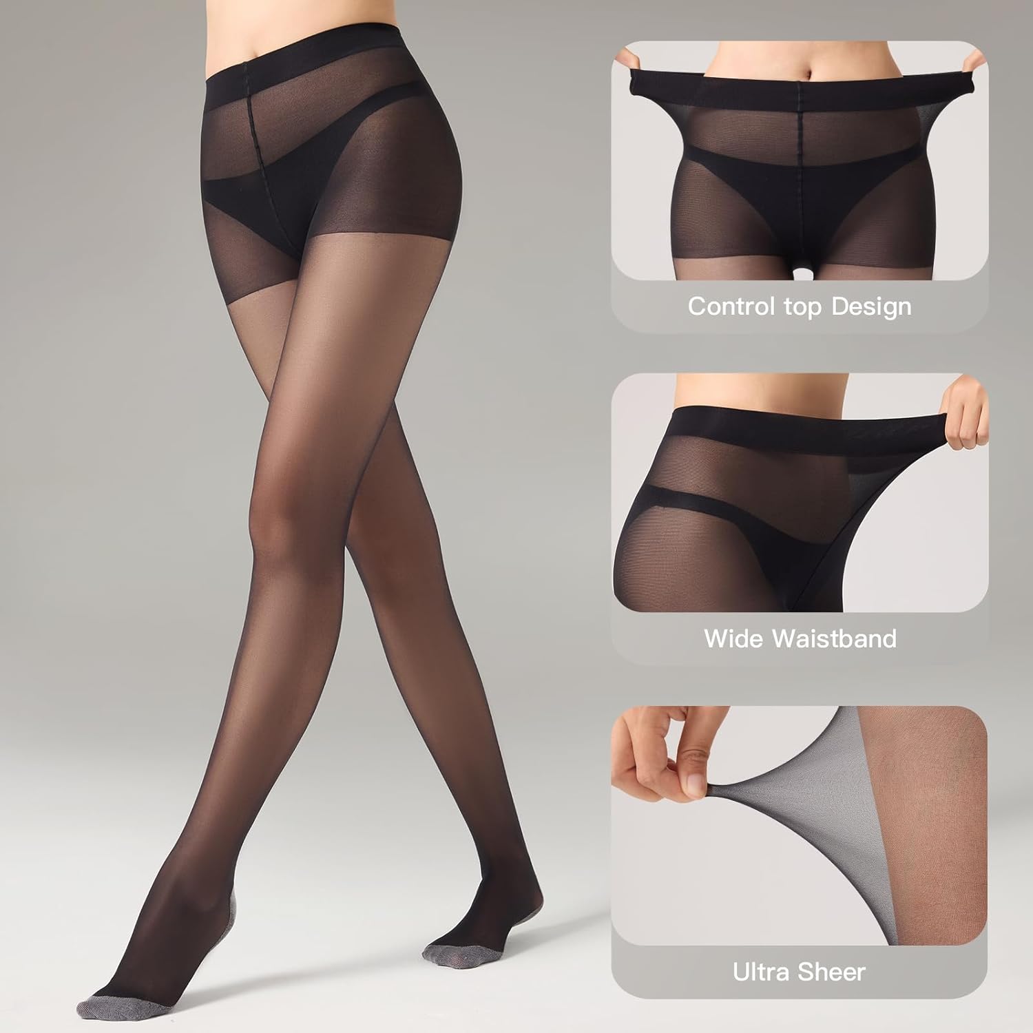 Yilanmy 2 Pairs Anti Slip Sheer Tights for Women,10D Ultra Sheer High Waist Control Top Pantyhose with Reinforced Toe - Image 3