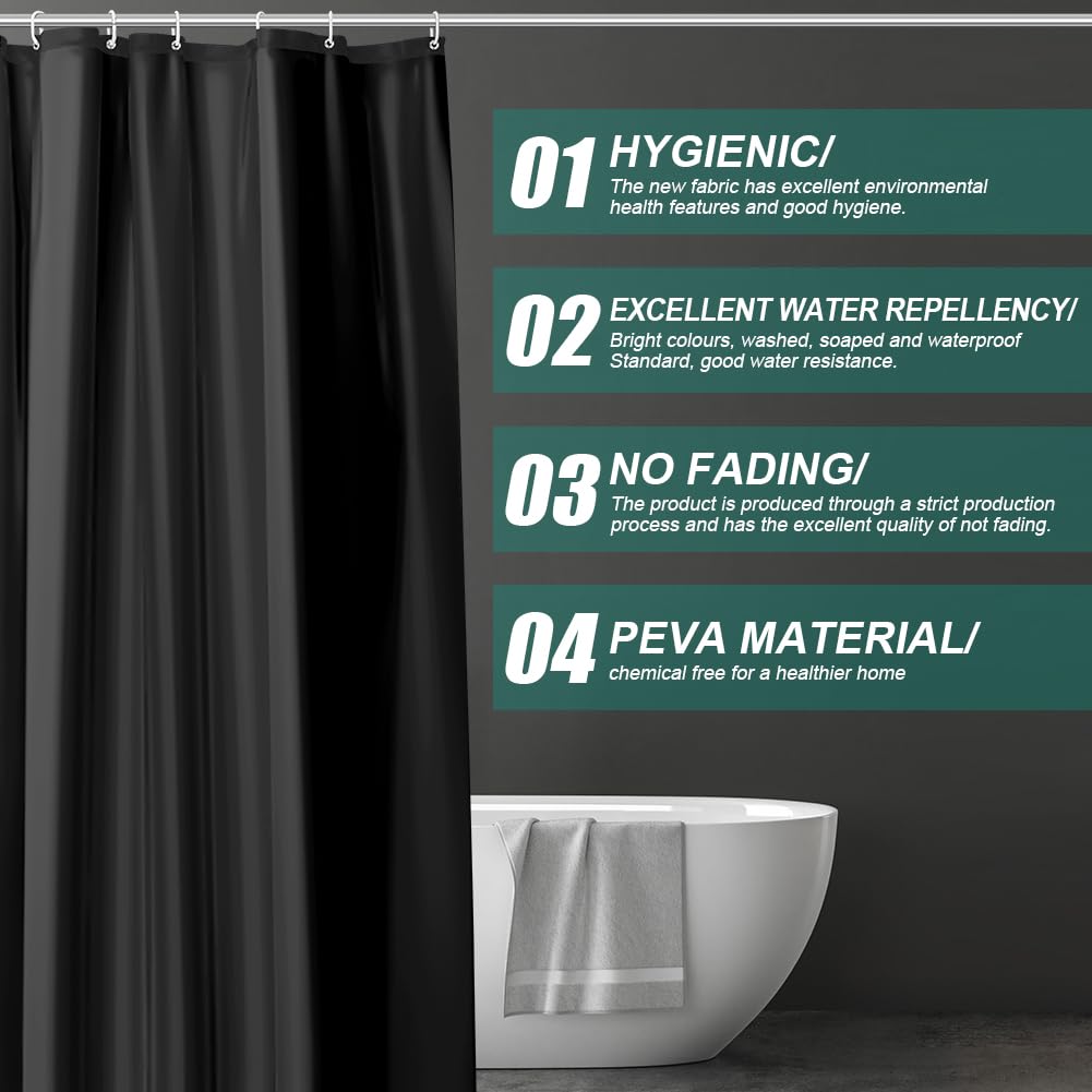 URAQT Shower Curtain Anti Mould, Upgrade PEVA Waterproof Bath Curtains, Mildew Resistant Bathroom Shower Curtains with 12 Hooks, Black Bathtub Curtains with Metal Rustproof Eyelets, 180 x 180 cm - Image 4