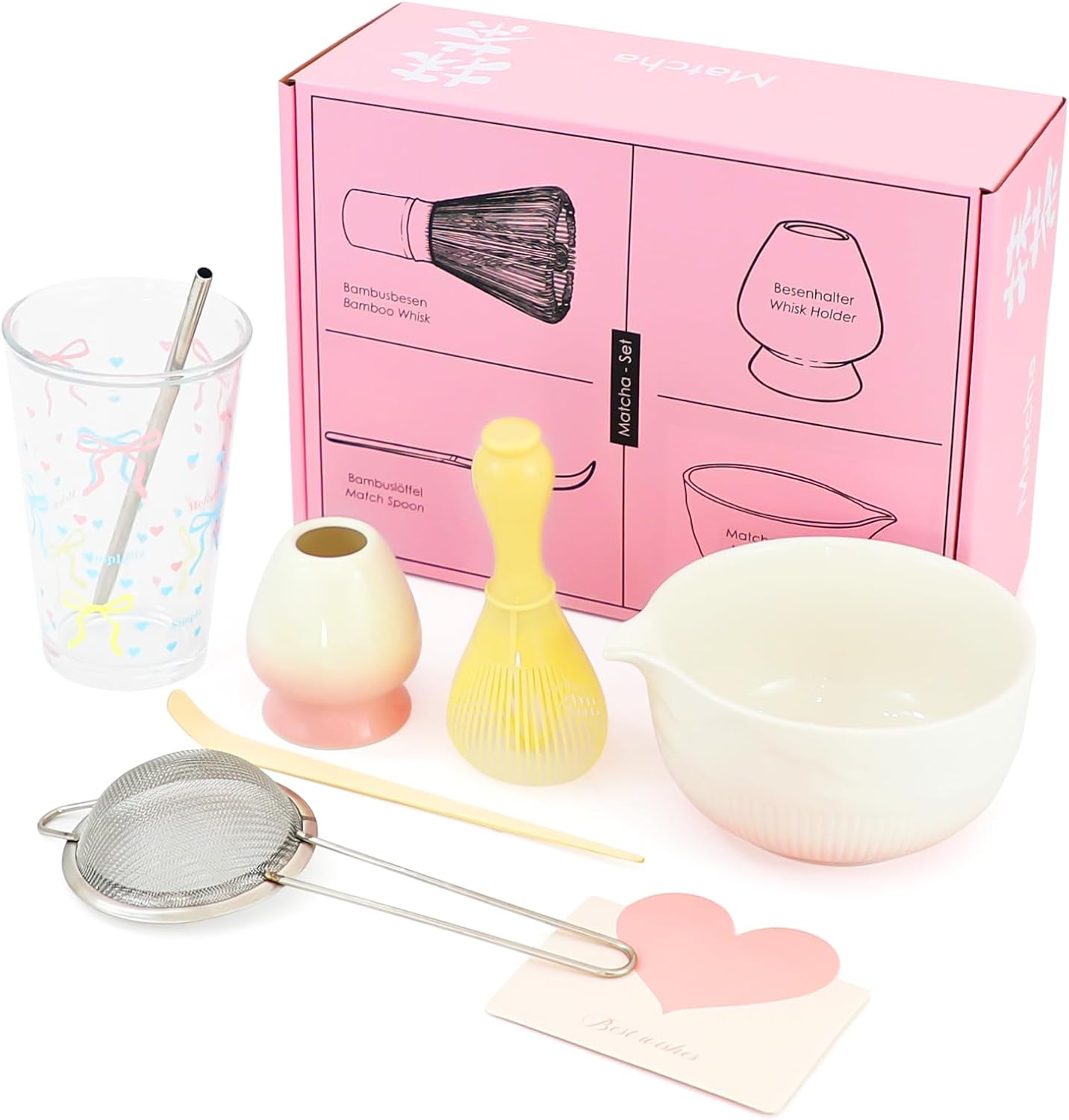 Matcha Making Kit Gifts for Teen Girls, Birthday Gift for Teenage Girl Ages 10 11 12 13 14 15 16 18, Tween Girl, Girlfriend, Woman Gift Basket Stuffers with Whisk Set, Pink Bowl, Glass