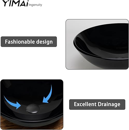 Miniatura 5 de YIMAI Lavabo de Vidrio Negro 16.5" x 16.5" x 5.5" – Vidrio Templado Sobre Encimera Lavabo Redondo para Baño Tazón de Encimera Lavabos Modernos