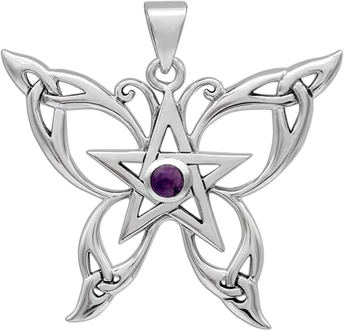 Dryad Design Colgante de pentagrama de mariposa con diseño de brujería Wicca de plata de ley y amatista natural, Plata esterlina, Amatista