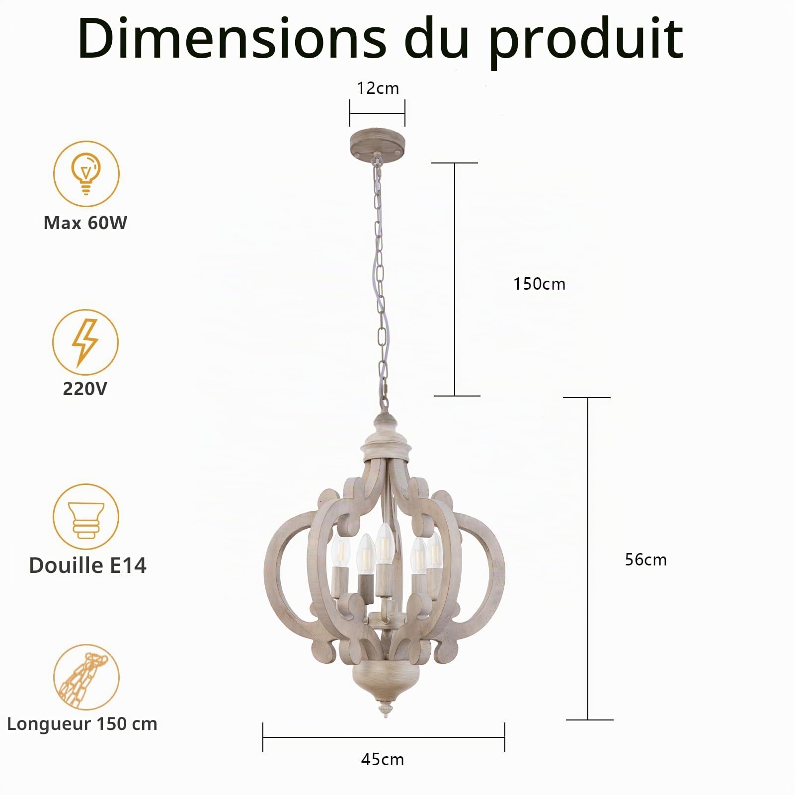 Lustre de ferme à 5 lumières vintage rustiques – Plafonnier réglable moderne français pour salon, chambre à coucher, cuisine, couloir, salle à manger, finition jaune antique gris