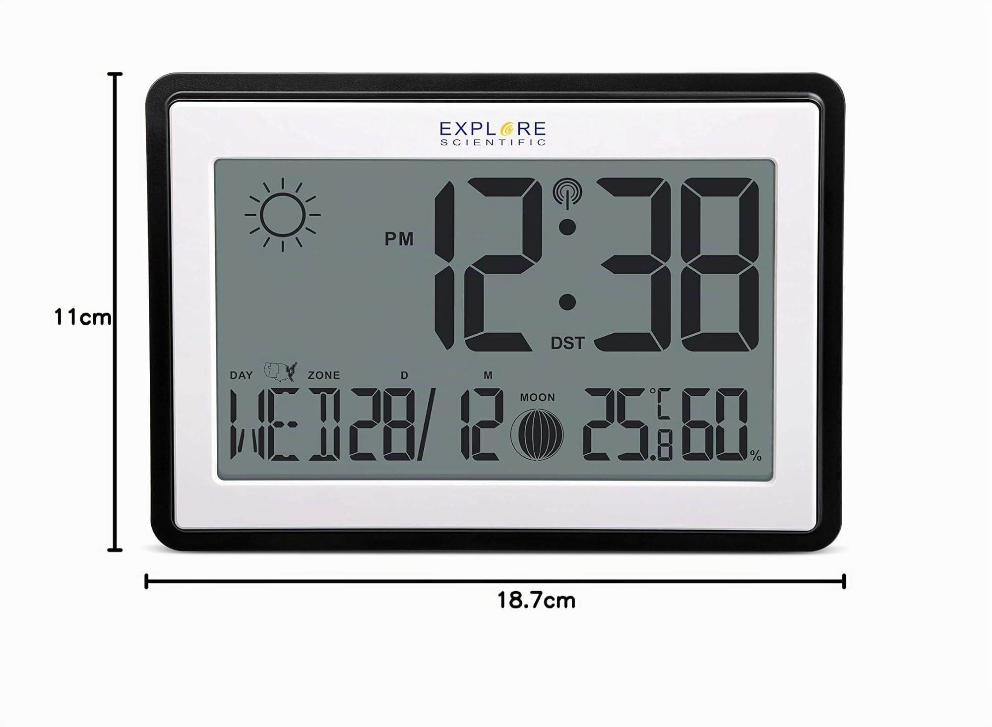 Explore Scientific RDC8002 Orologio da Parete o da Tavolo Radio-Controllato, Fasi Lunari, Temperatura Interna e Umidità, Gancio per Muro e Supporto Scrivania, Nero | Display digitale, fasi lunari, temperatura interna e umidità, installabile a muro o da ta