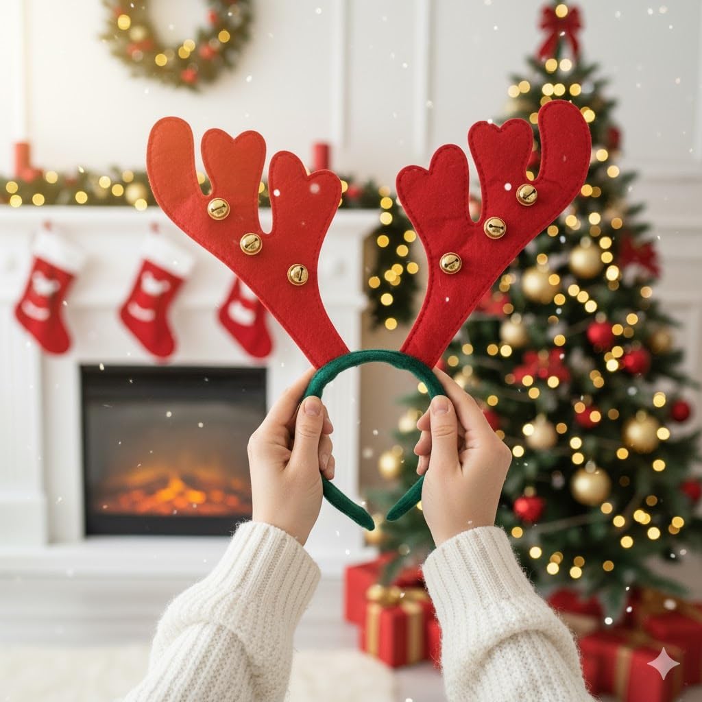 eCraftIndia Christmas Reindeer Antlers Headband - Deer Horn Hairband for Birthday, Christmas Party - Gift for Kids, Girls (Red, Green)