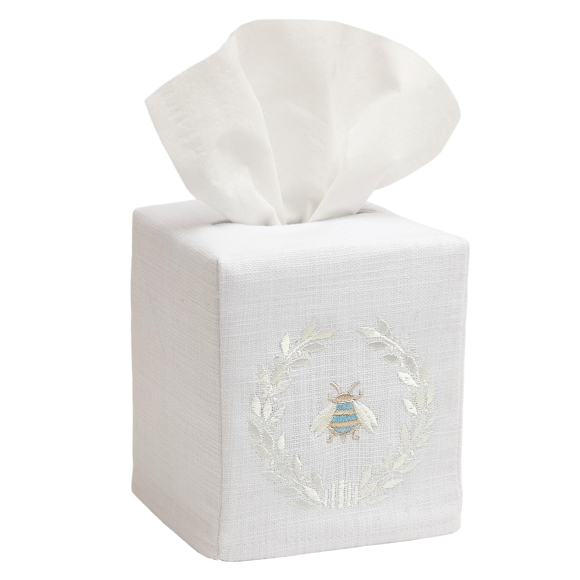 Jacaranda Living Square Tissue Box Cover, Linen/Cotton Fabric Tissue Holder, Decorative Cloth Tissue Cube Cover, Nature Designs Napoleon Bee Wreath (Cream)
