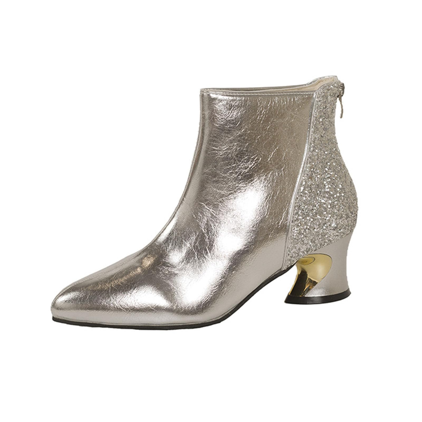 Women Sequin Bootie Sexy Ankle Boot Pointed Toe Chunky Heel Booties with Zip Work Business Party Going Out