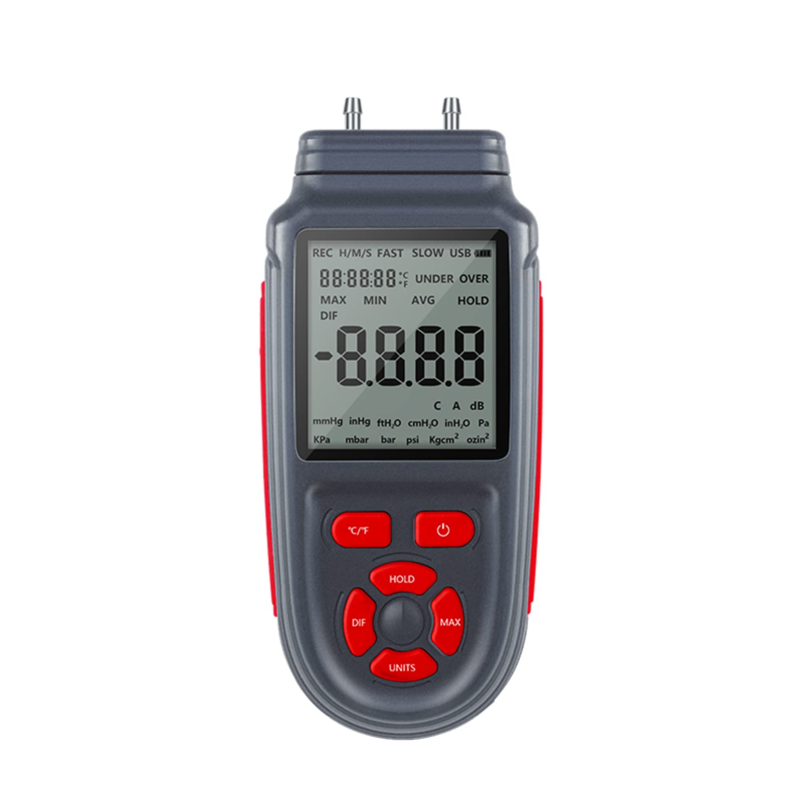 Manometro digitale a doppia porta con display LCD retroilluminato, misurazione della temperatura, alimentazione tramite USB o a batteria, ideale per applicazioni HVAC e indust