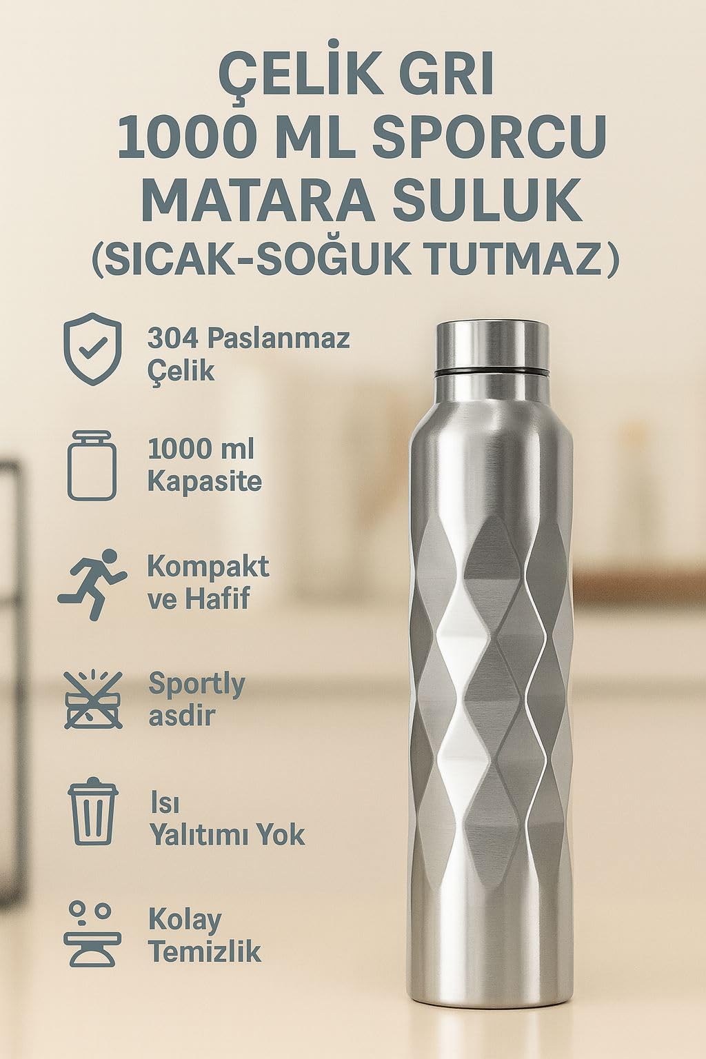Çelik Gri 1000 ml Sporcu Matara Suluk (SICAK-SOĞUK TUTMAZ) cin338