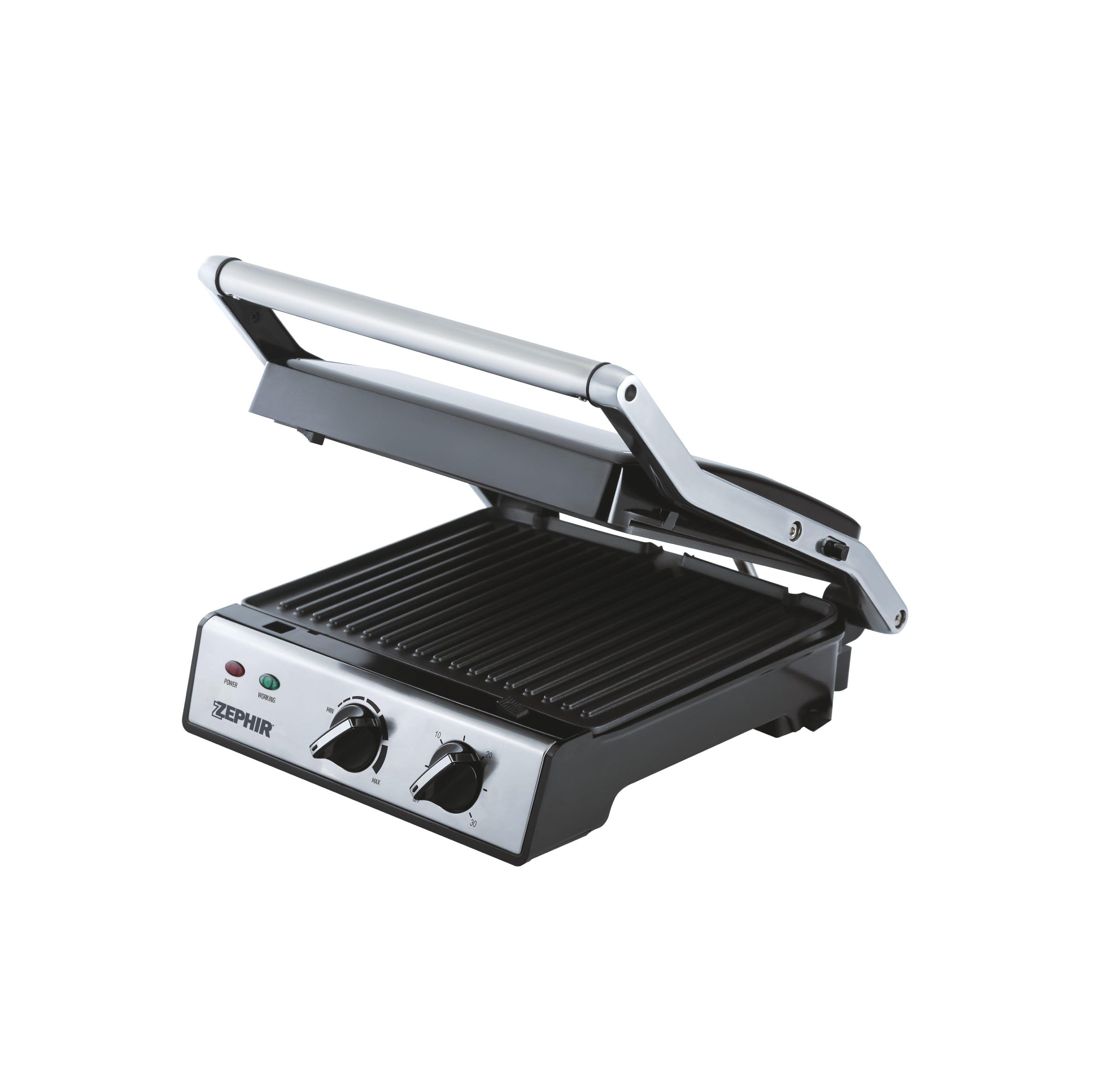 Zephir Bistecchiera Elettrica 2000W con Timer 30 Minuti, Piastre Antiaderenti Amovibili, Apertura 180°, Piastra Regolabile in Altezza, Raccolta Grassi