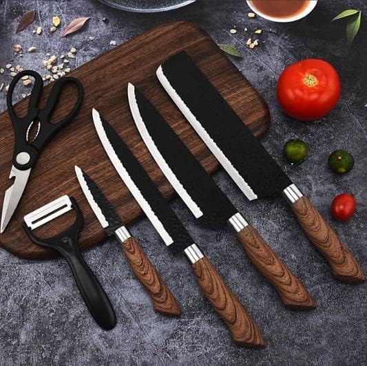 Image of Marco Almond 6 Pieces Professional Kitchen Knives Set,High Carbon Steel Forged Kitchen Knife Set,BBQ Meat Knives for Cooking,Sharp Chef Knife Set for Chef Cooking Paring Cutting Slicing(WOODAN)