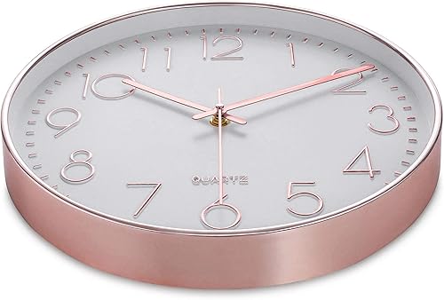 Miniatura 29 de Bernhard Products Reloj de pared plateado de 12 pulgadas, silencioso, sin tictac, de cuarzo, funciona con pilas, redondo, blanco, decorativo, diseño