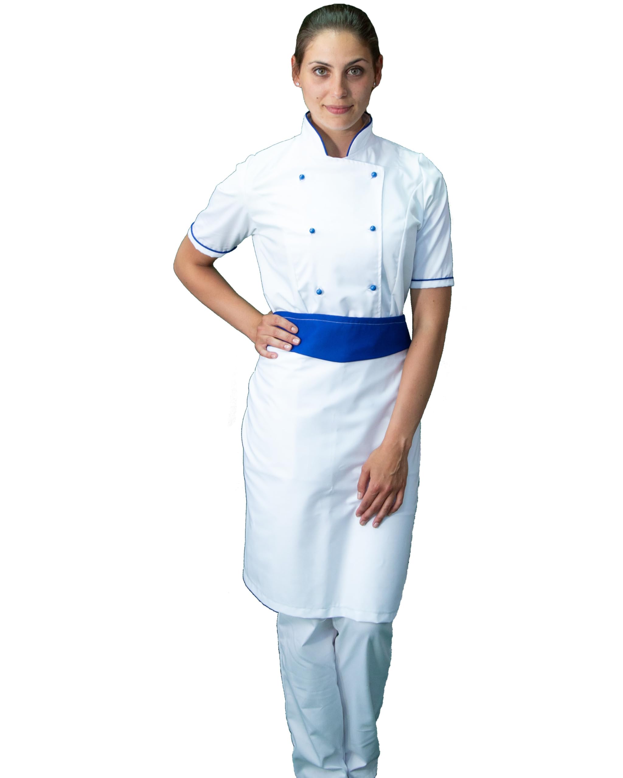 Ricamo Gratuito - Completo Cuoco da Cucina Bianco e Blu Divisa Chef Donna Manica Corta Pantalone, Giacca e Grembiule Made in Italy