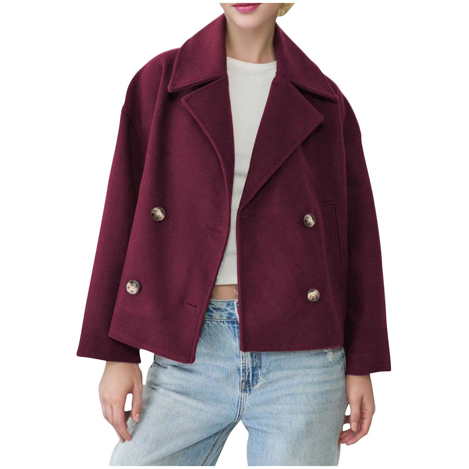 Womens Fall Casual Crop Wool Blend Coat Double Breasted Loose Dressy Blazer Winter Short Notch Lapel Trench Jacket