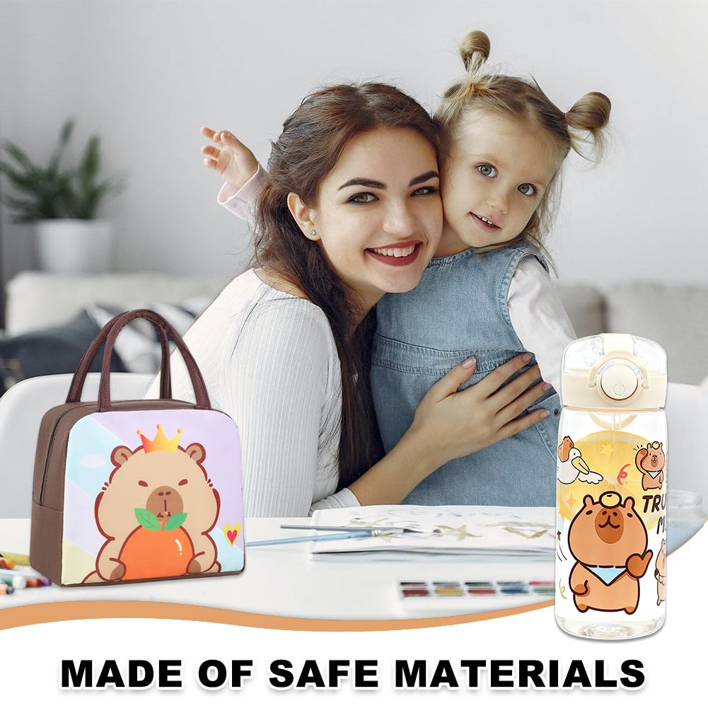 Sac à Dos Scolaire Kawaii Grande Capacité Capybara avec Sac à Lunch Isotherme et Bouteille d'Eau