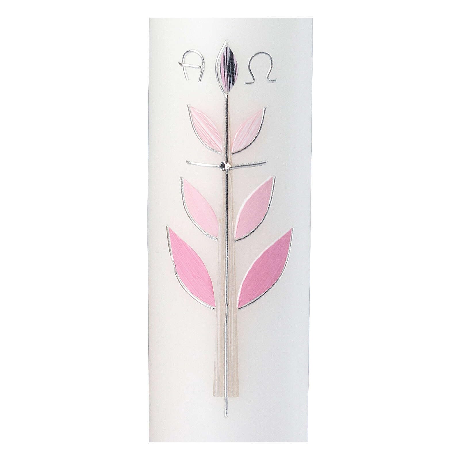 Christening Candle, Cross with Pink Leaves, 265x60 mm