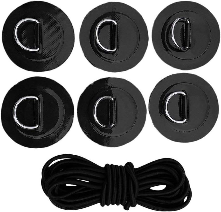 YiMusic Heavy Duty SUP Bungee Deck Rigging Kit with 6 Pieces Stainless Steel D-Ring Patch Suit for PVC Inflatable Boat Kayak Canoe Deck Accessories (Black)