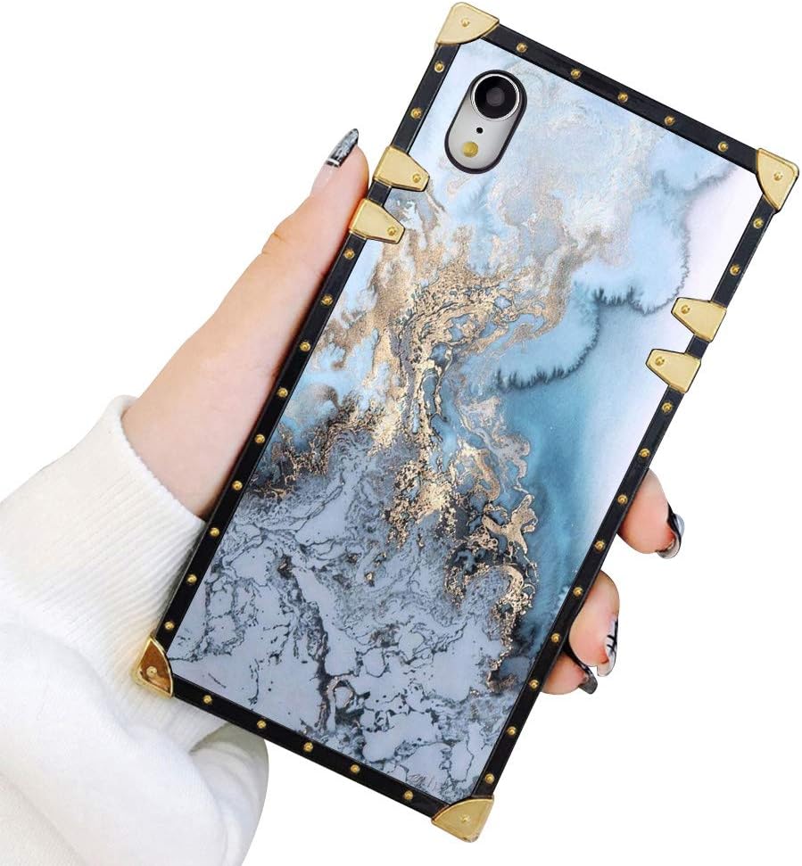 Square Case Compatible iPhone XR Gold Blue Marble Luxury Elegant Soft TPU Shockproof Protective Metal Decoration Corner Back Cover Case iPhone XR Case 6.1 Inch