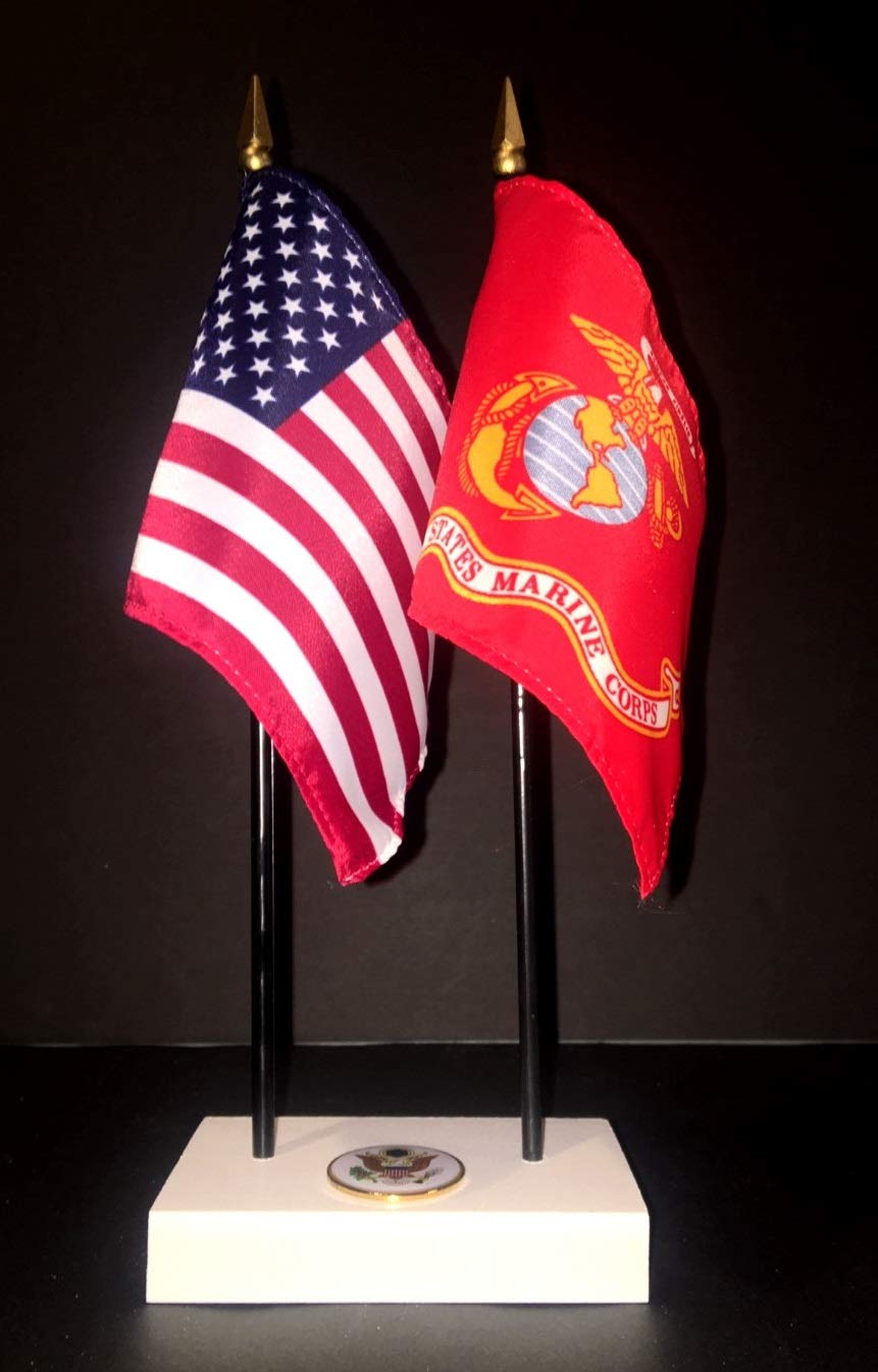 1 American and 1 United States Marine Corps Rayon 4x6 Inch Office Desk & Little Table Flag Executive Set, Includes a 2-hole White ArcticSno Flag Base