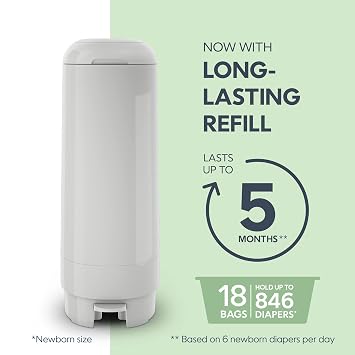 Diaper Genie Signature Pail (Grey) Includes 1 Easy Roll Refill with 18 Bags | Holds Up to 846 Newborn-Sized Diapers Per Refill