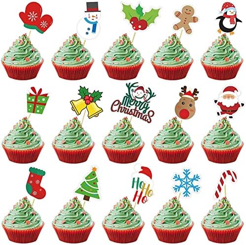 30 Pcs Christmas Cupcake Toppers Toothpicks Picks Flags, Cupcake Decorating Kit, 2022 Happy New Year Cupcake Cake Toppers, 15 Patterns Include Santa Claus Snowman Reindeer Penguin Snowflake Gingerbread Candy Canes Etc.