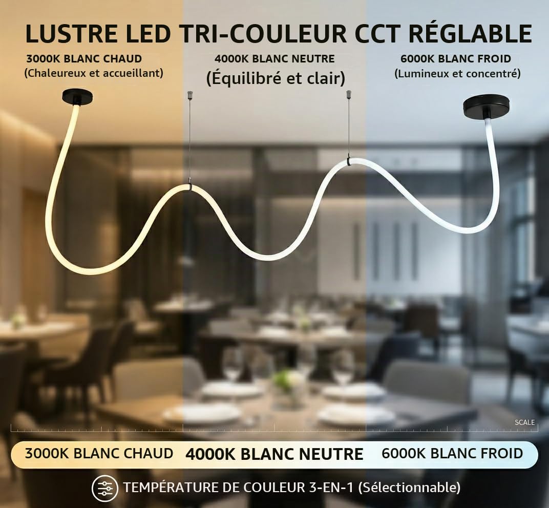 Lustre Suspension LED 300cm, Plafonnier à Intensité Variable avec Télécommande, 68W, 3 Températures de Couleur (3000K-6000K), Lampe de Salon Flexible pour Chambre et Espaces Commerciaux
