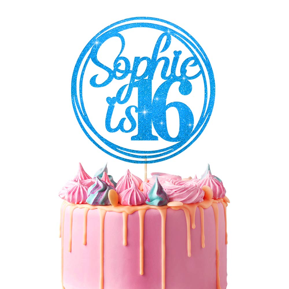 Personalised Birthday Cake Topper | Customized with Any Name Any Age 16 18 21 40 60 Party Cake Decoration | Double Sided Glitter Card | Blue