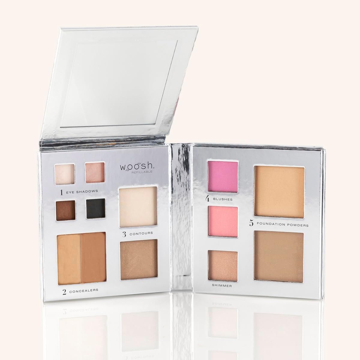 - Beauty Fold Out Face Refillable Makeup Palette for Women in Silver – All-in-One Face Makeup Kit with Foundation, Concealer, Contour, Blush, Highlighter & Eyeshadow – Curated Shades by Skin Tone