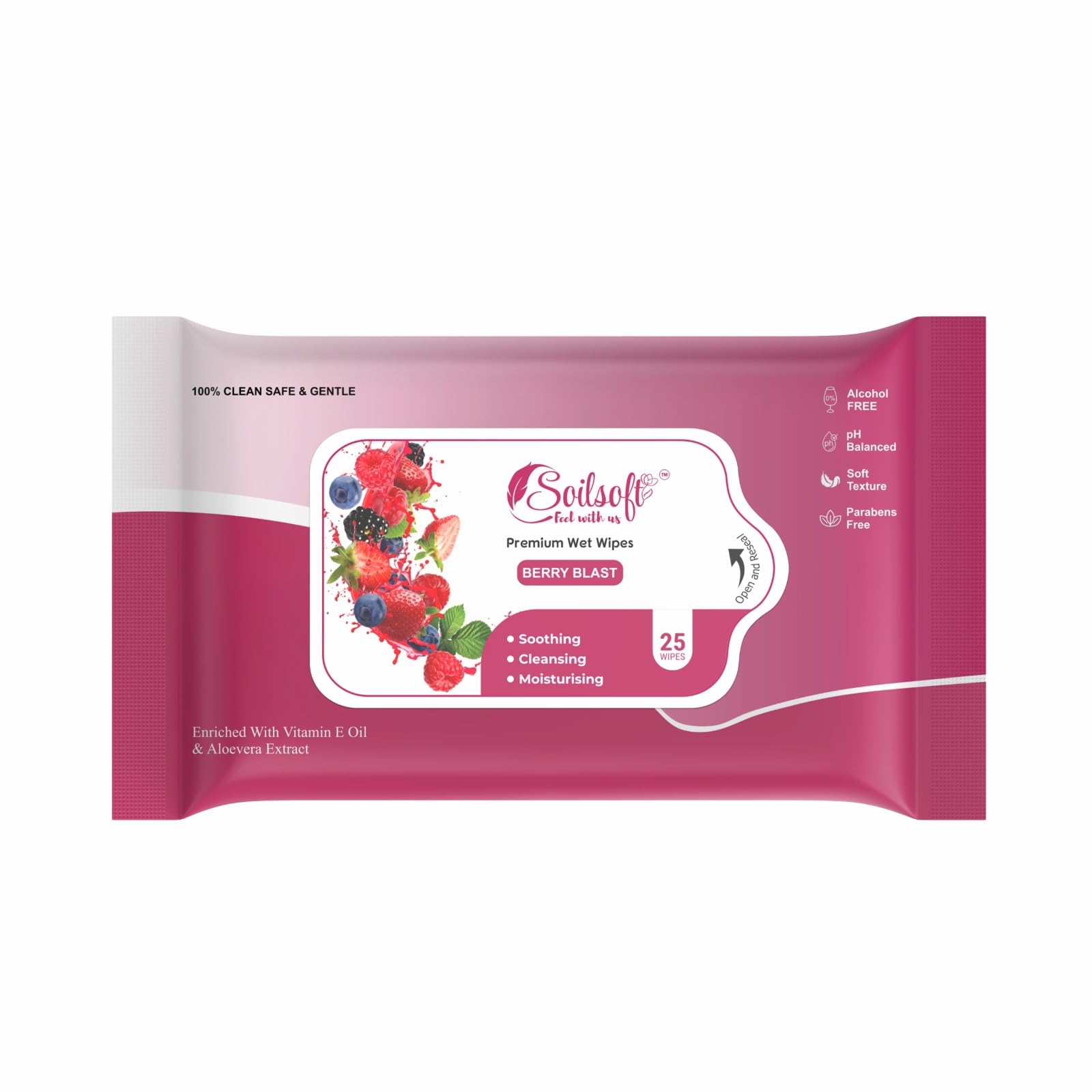 Soilsoft Berry Blast Wet Wipes 25 Pulls Red Pink Pack Fruity Print Design Alcohol Free pH Balanced Soft Texture Paraben Free Aloe Vera Extract Vitamin E Oil Cleansing Moisturising Travel Wipes (PACK OF 1)-image-31