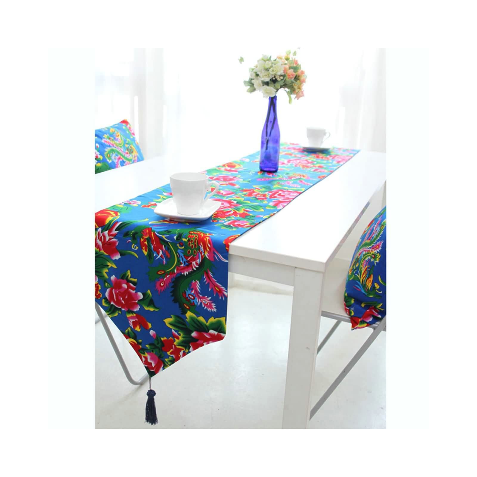 Chemin de table de Noël bleu vintage à pompons 195cm chic