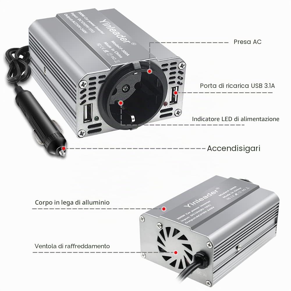 Yinleader Inverter da 12V a 230V 300W 1 presa UE 2 USB Convertitore di tensione per auto