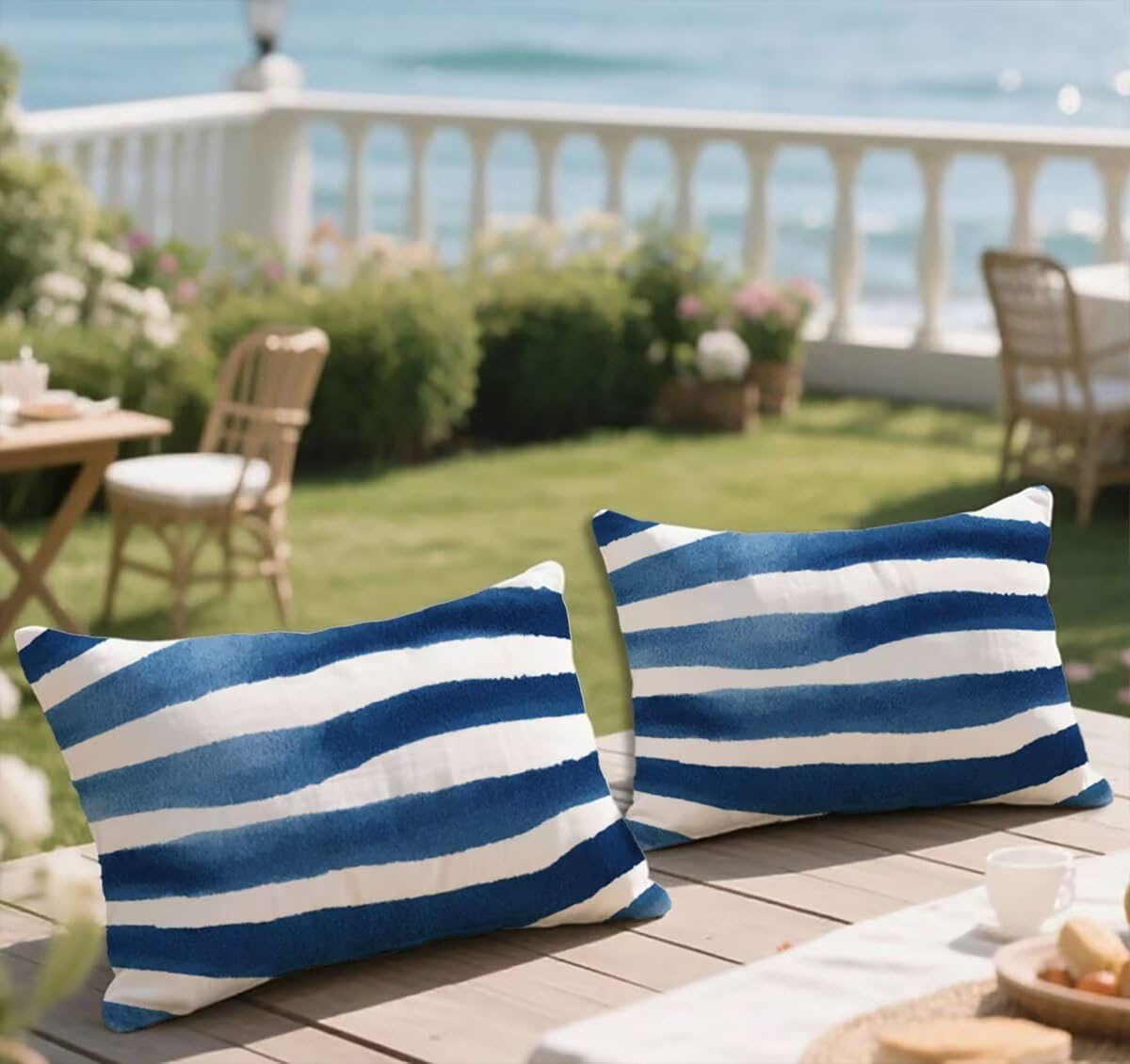 Cojines Exterior 40x60 cm Azul Cojines Exterior Jardin Juego de 2 Funda Cojin A Rayas Rectangulares Impermeable Felpa Corta Suave Cojín Lumbar para Primavera Verano Terraza Decorativos, Regalo S-1036