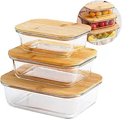 Kit 3 Travessas Refratárias Assadeira Herméticas De Vidro Com Tampa de Bambu e Vedação de Silicone - 370ml - 640ml - 1040ml - Seguro para micro-ondas, forno, freezer e lava-louças, sem BPA
