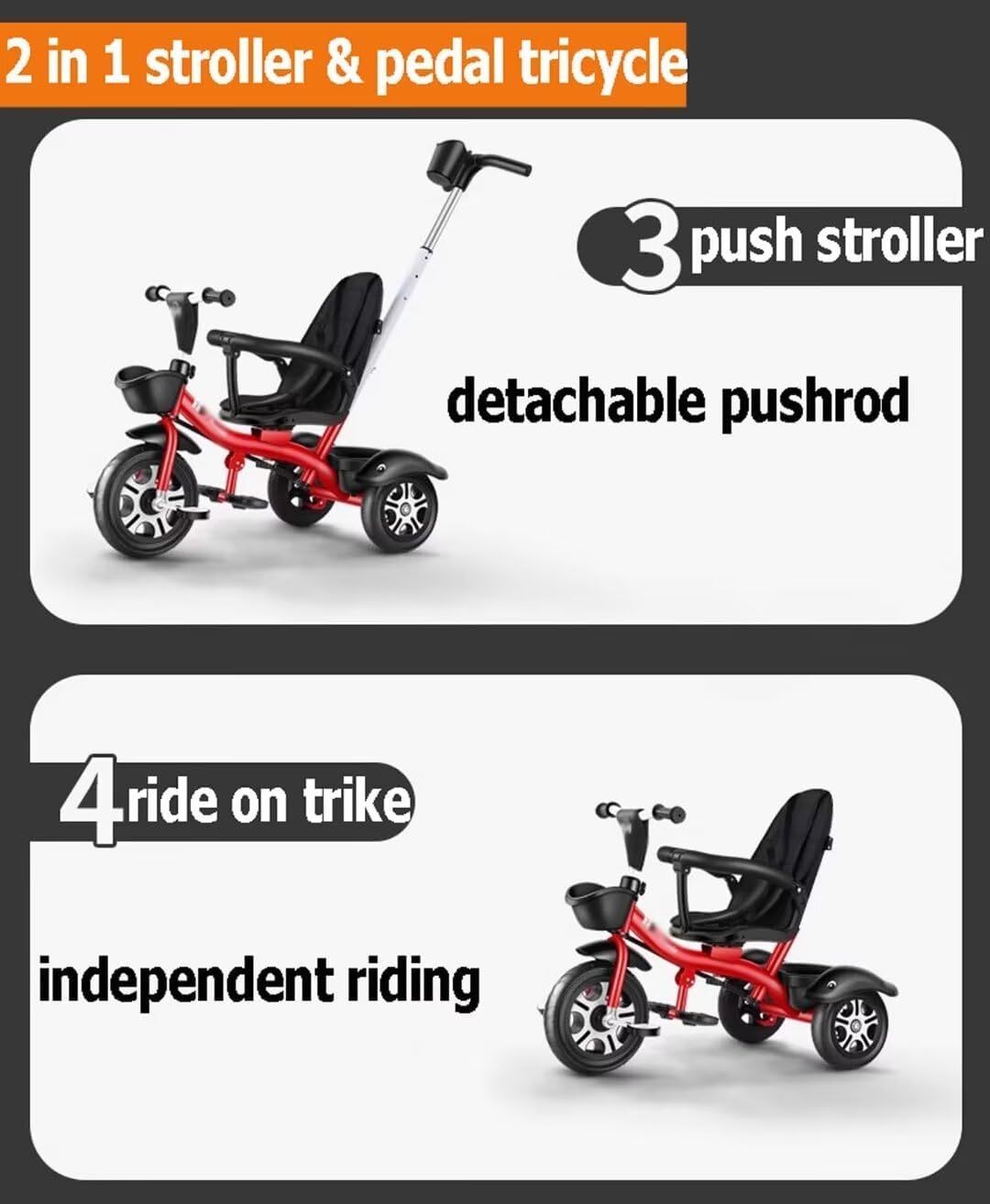 1.5-5 Years Old Toddler Stroller Buggies,Reversible seat with guardrail and Belt,Kids trikes with Parent Handle,Child Tricycle Titanium Wheel,Rear Wheel with Double Brake(