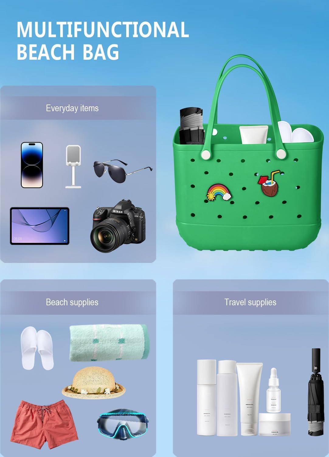 Baonat Beach Bag Rubber Tote Bag - Waterproof Travel Bag for Women Washable Tote Bag Handbag for Sports Beach Market Pool
