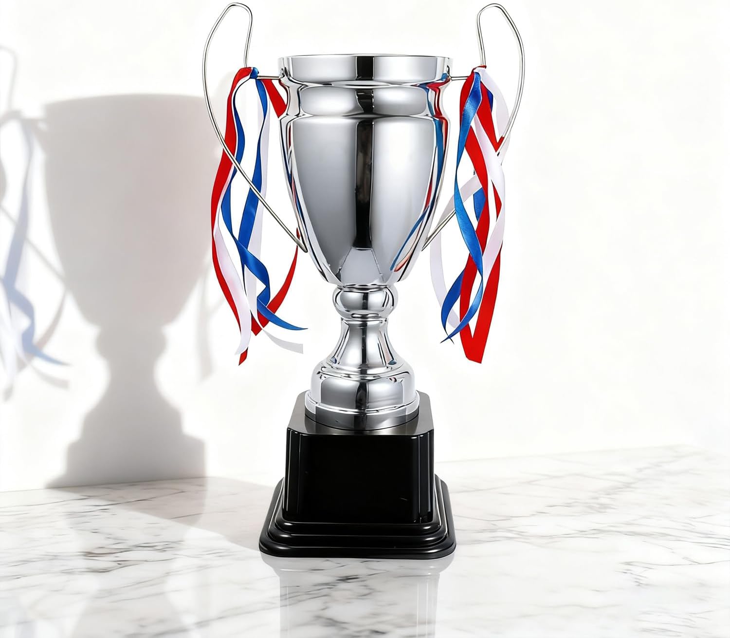 Silver Bronze Gold Trophy Award Cup with Handles, 15.1 Inches, Iron Material Electroplating, Black Plastic Base, for Soccer Basketball Volleyball Sports Competitions