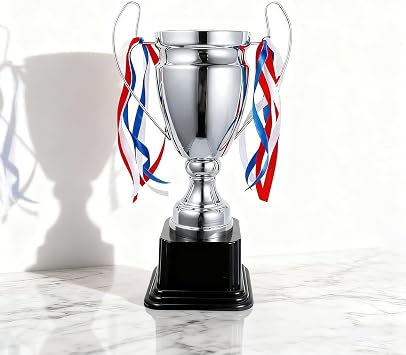 Silver Bronze Gold Trophy Award Cup with Handles, 15.1 Inches, Iron Material Electroplating, Black Plastic Base, for Soccer Basketball Volleyball Sports Competitions