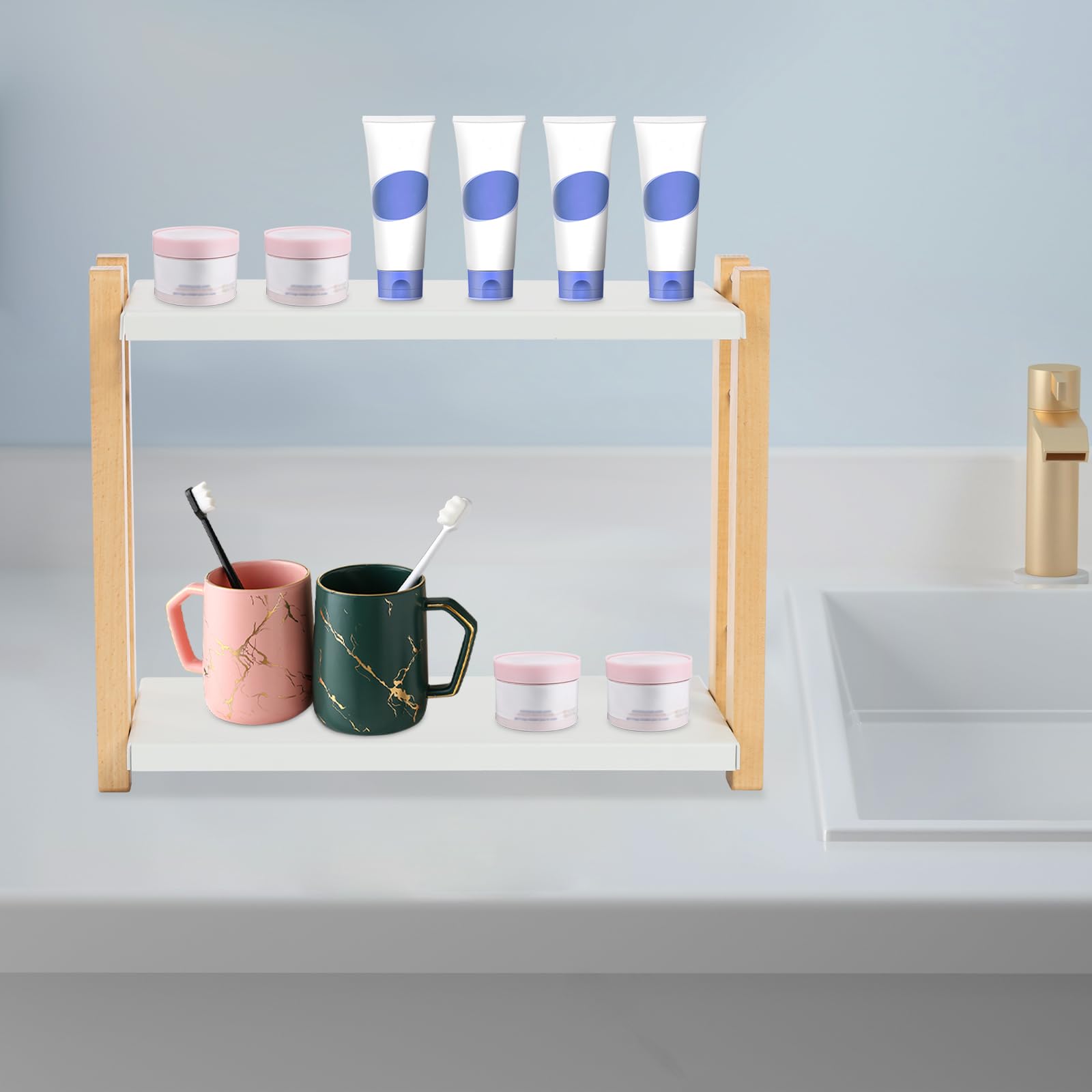 Organizer da scrivania, mensola da bagno a 2 livelli, per riporre utensili da cucina, spezie e cosmetici, bianco