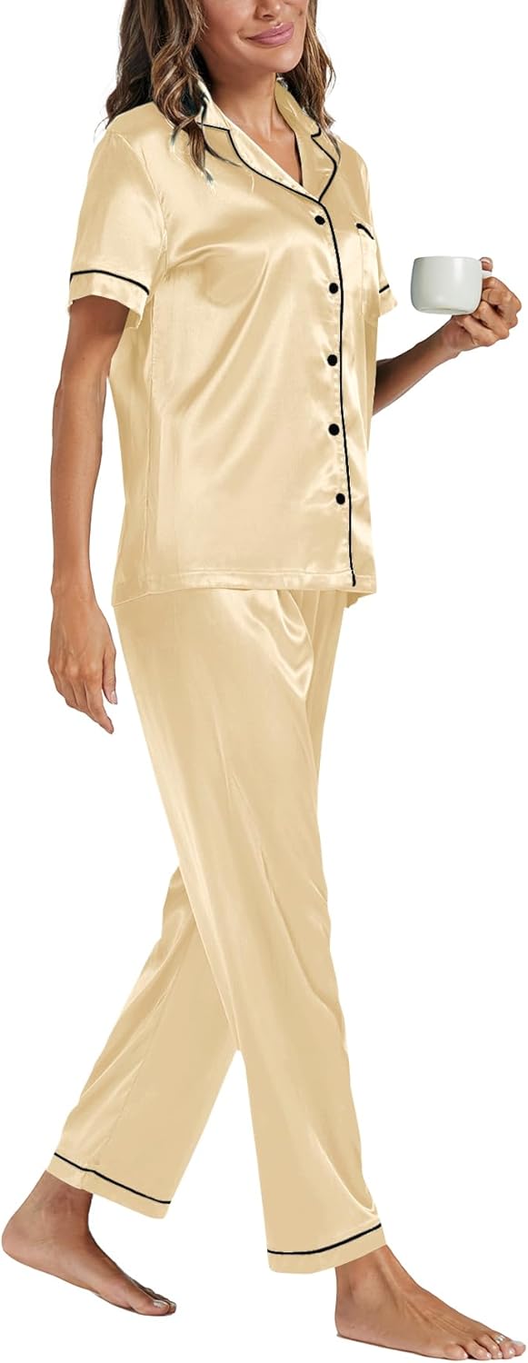 Umenlele Women's Satin Pajamas Short Sleeve Loungewear and Long Pant Two Piece Sleepwear Button-Down Pj Set - Image 3