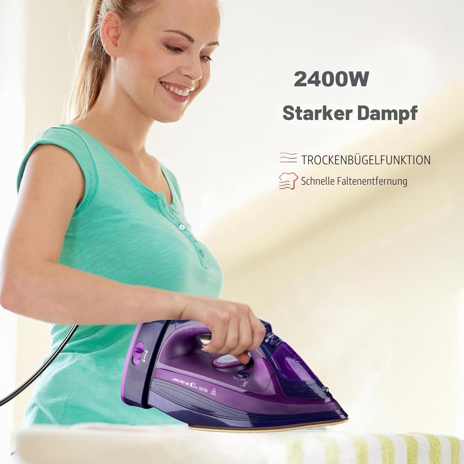 Bügeleisen, Dampfbügeleisen Kabelloses 2400W Dampf Bügeleisen mit Keramiksohle Dampfbügeleisen mit Variabler Dampffunktion, Selbstreinigungs, Sprühwasserfunktion, Antikalk, Tropfstopp
