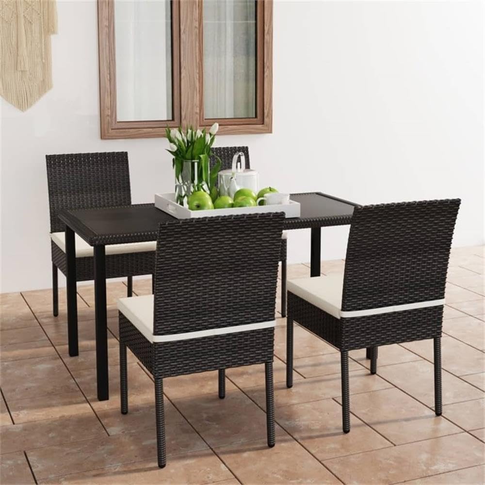 BOWERY HILL 5-Piece Rectangular Patio Dining Set, Black Poly Rattan and Glass, Powder-Coated Steel Frame, Weather-Resistant Cushions, Indoor/Outdoor Use, Compact Design for Garden or Terrace