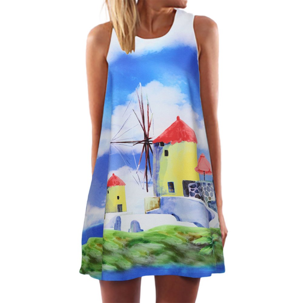 COOLLL Womens Summer Sleeveless Vest Mini Dress Beach Boho Gradient Vintage Printed Loose Tank Tops T Shirt Dresses - Mulitcolor S-3XL
