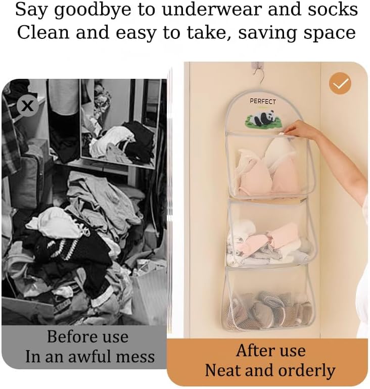 MIUPOO Multi Purpose Multi Layer Mesh Storage Hanging Bag,Hanging Storage with Metal Hanger Mesh Pockets for Bra Underwear Socks,Pockets Hang Store Bag for Door Wall Closet - Image 3