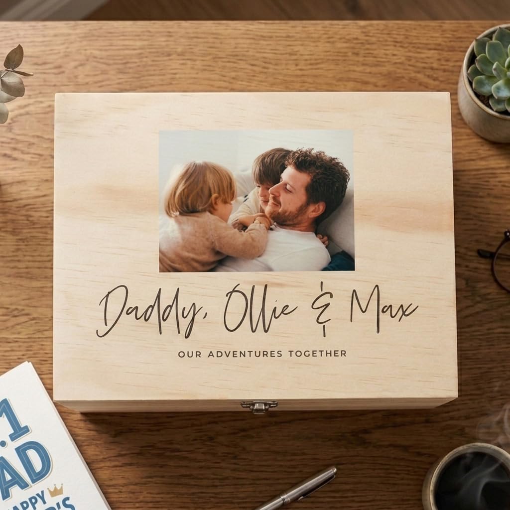 Scatola dei ricordi personalizzata in legno di pino con scritta "Our Adventures Together", regalo per la festa del papà, scatola dei ricordi personalizzata in legno, con cerniere e chiusura in