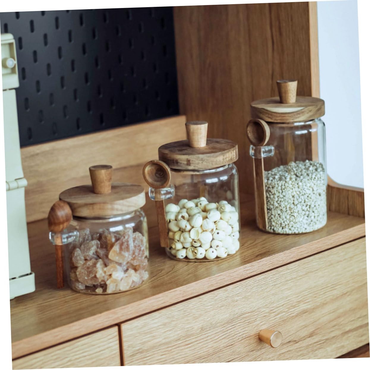 Hohopeti Salzbehälter mit Holzdeckel und Löffel 3 Stück Luftdichte Gewürzbehälter aus Glas 850ml/550ml/400ml Praktisches Design für Küche für Familiengebrauch