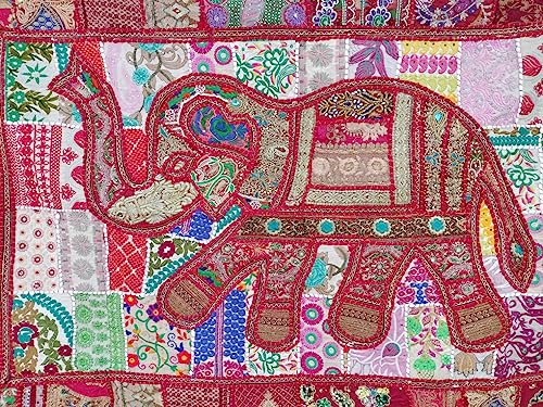 Image of Ekam Art Rajasthani Handmade Heavy Elephant Embroidery Cotton Patchwork Tapestry Cotton Wall Decor Hanging Beaded Tapestries Home Living Room Decor 40 x 60 Inch (Red)