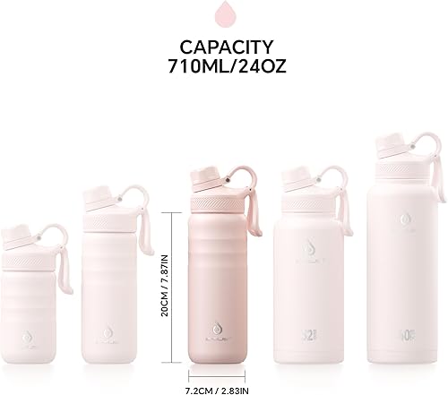 Miniatura 7 de IDEUS Botella de agua aislada de acero inoxidable con 2 tapas a prueba de fugas, termo para senderismo, ciclismo, 24 onzas, rosa claro